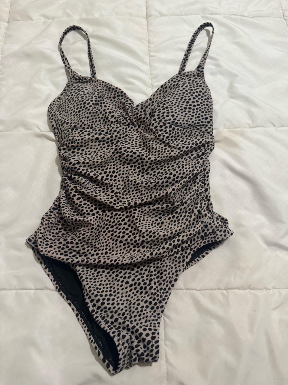 Ellen Tracy Beige and Black Low V Rouched sides Leopard One-Piece Swimsuit